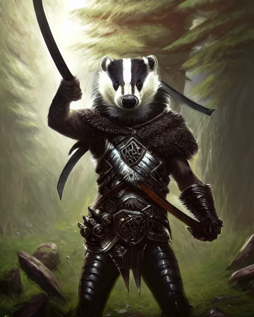 Image similar to Badger Warrior holding shield, forest background, D&D, artstation, fantasy, magic the gathering artwork, cinematic lighting, centered, symmetrical, highly detailed, digital painting, , concept art, smooth, sharp focus, illustration, volumetric lighting, epic Composition, 8k, art by Akihiko Yoshida and Greg Rutkowski and Craig Mullins, oil painting, cgsociety