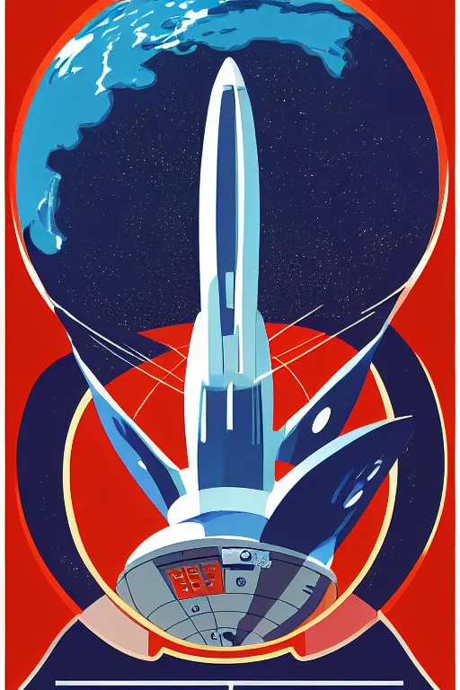 Prompt: high quality illustration of a futuristic spaceship in orbit around the earth, centered on a soviet era style propaganda poster, retro futurism