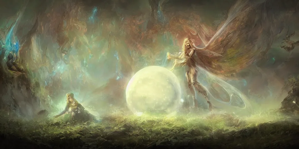 Image similar to concept art of translucent glowing fairies, lovecraftian, renaissance, melting, round moon, rich clouds, fighting the horrors of the unknown, very detailed, volumetric light, mist, fine art, decaying, textured oil over canvas, epic fantasy art, very colorful, ornate scales