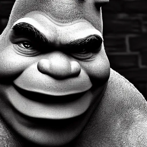 Prompt: shrek's dramatic photo, black and white, heavy grain