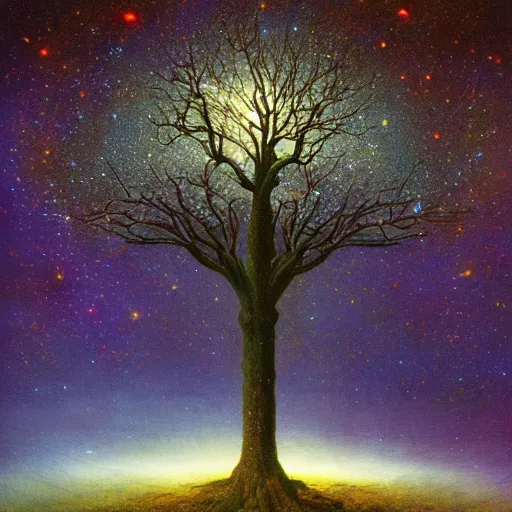 Prompt: a cosmic life tree with galaxies hanging from the branches by caspar david friedrich and albert bierstadt, digital art, artstation, low angle,