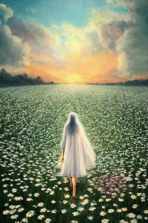 Image similar to giant white daisy flower on head, veiled girl walking in a flower field, surreal photography, sunrise, dramatic light, impressionist painting, colorful clouds, digital painting, artstation, simon stalenhag