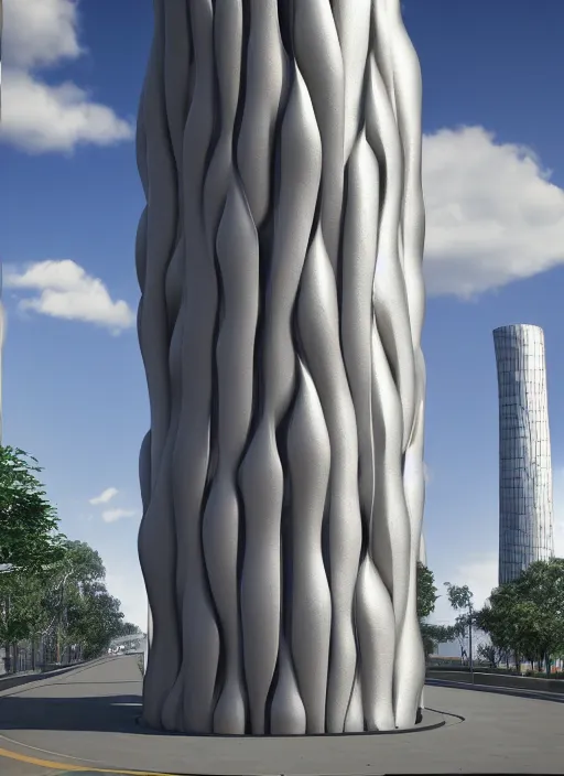 Image similar to highly detailed realistic architecture 3 d render of a futurisctic stele column monument made from spheres in frank gehry style standing near a highway, archdaily, made in unreal engine 4 octane render