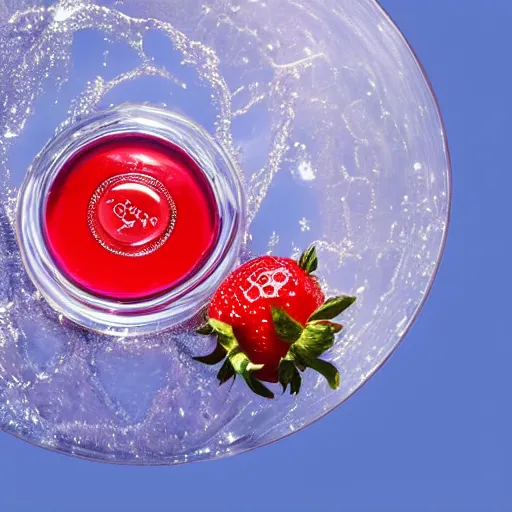 Prompt: centered clear clean perfume sitting in clear, rippling rose - water with floating strawberries on a bright sunny day, blue cloudy skies, crisp, surreal photography, illumination lighting, sharp focus, vogue