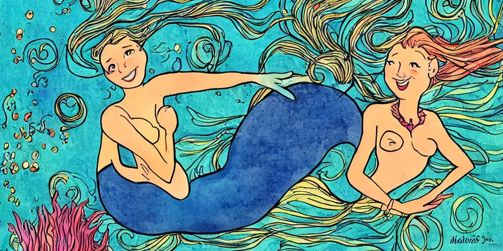 Image similar to a mermaid named madeleine in the style of dr seuss