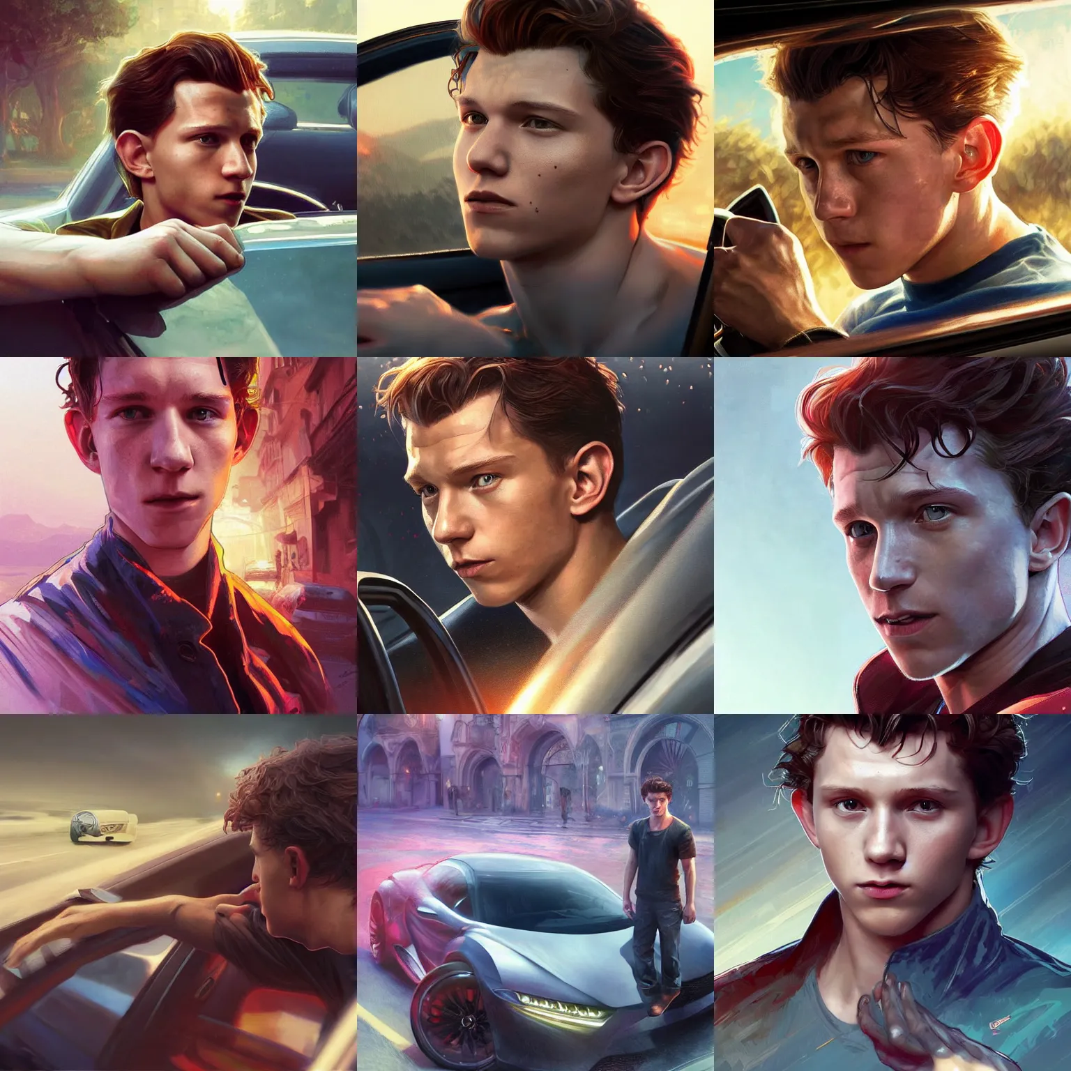Prompt: Tom Holland in a car, sweat drops, insane, intricate, highly detailed, digital painting, artstation, concept art, smooth, sharp focus, illustration, Unreal Engine 5, 8K, art by artgerm and greg rutkowski and alphonse mucha