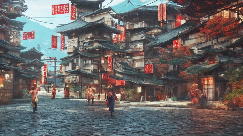 Image similar to immersed in oriental, japanese village with cyberpunk style,, octane render, fantasy, landscape, hyperrealistic, highly detailed, 4 k hd