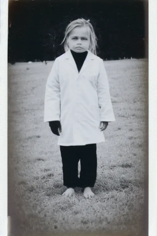 Image similar to photo polaroid of a sad and lonely child in a white coat and barefoot stands in the middle many big tents of field hospitals, pandemic, covid, loneliness, black and white ,photorealistic, 35mm film,