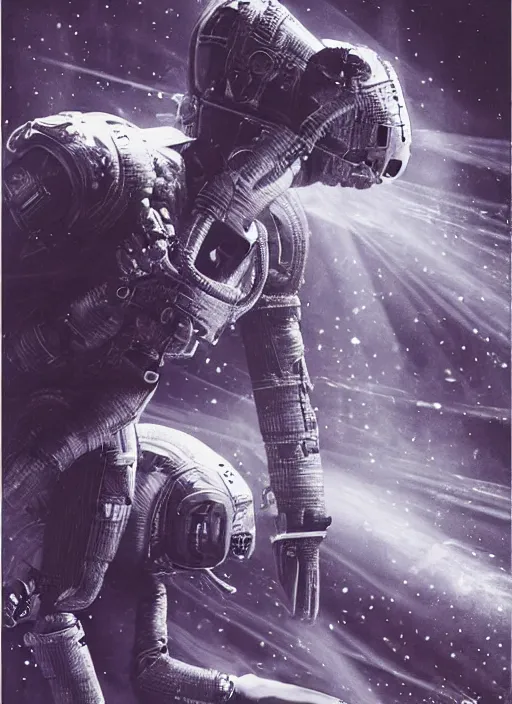 Image similar to astronauts in dark and empty void underwater - complex and hyperdetailed technical suit. reflection and dispersion materials. rays and dispersion of light. volumetric light. 5 0 mm, f / 3 2. noise film photo. flash photography. ultra realistic, wide angle. poster by wayne barlowe, hajime sorayama aaron horkey, craig mullins