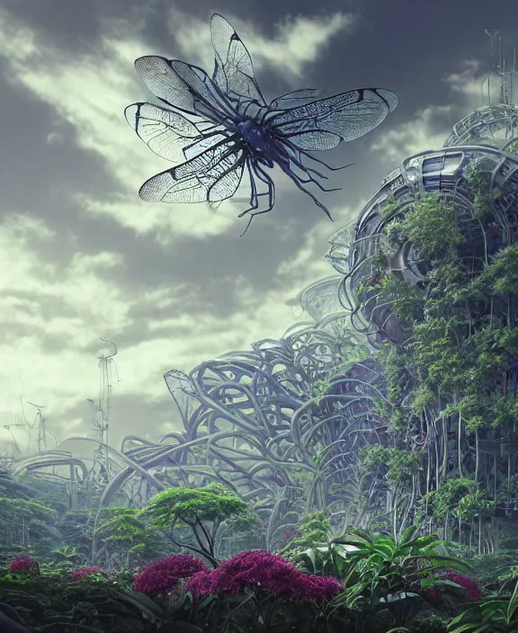 Prompt: a giant weird industrial plant made out of isopod dragonflies, in the style of a strange asymmetrical spaceship, overgrown with disturbing orchids, partly cloudy, somber, dramatic lighting, by dan mumford, yusuke murata, makoto shinkai, ross tran, cinematic, unreal engine, cel shaded, featured on artstation, pixiv