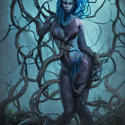 Image similar to dark queen of snakes, crown of snakes, blue skin, realism, dark fantasy, surrounded by thorned vines in a twisted forest, octane render, artstation