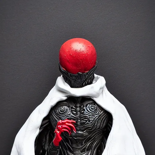 Prompt: venom lord sculptor, black paint on white porcelain, leather cloak, red smoke, intricate, wet plastic, levitating, style of alex stoddard, 8 k