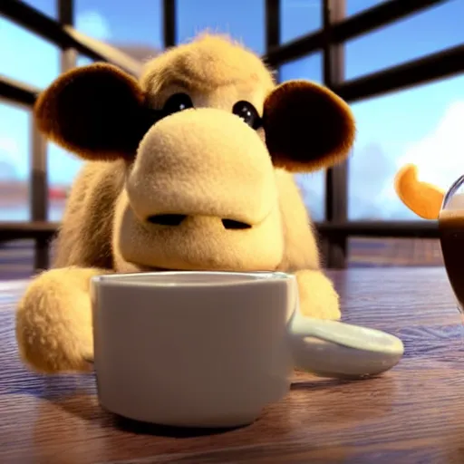 Prompt: cute furry cow character with a cup of coffee on top of his head, 3d render by Pixar, raytracing, 4k, movie still