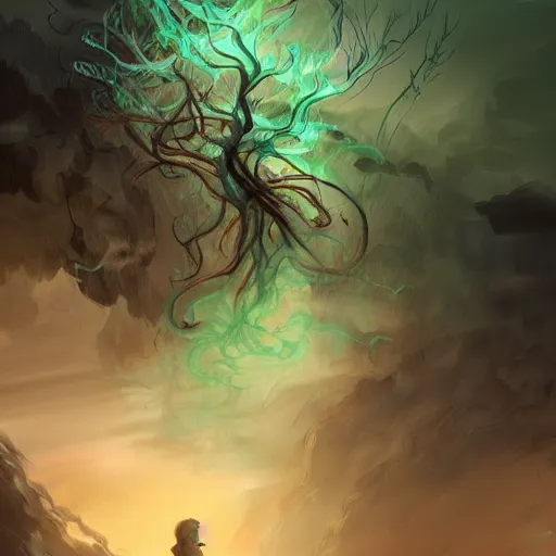 Prompt: side view of a man made of swirling smoke and tendrils of fog, with ivy, twilight colors and green, cinematic, highly detailed, digital painting, artstation, concept art, smooth, sharp focus, illustration