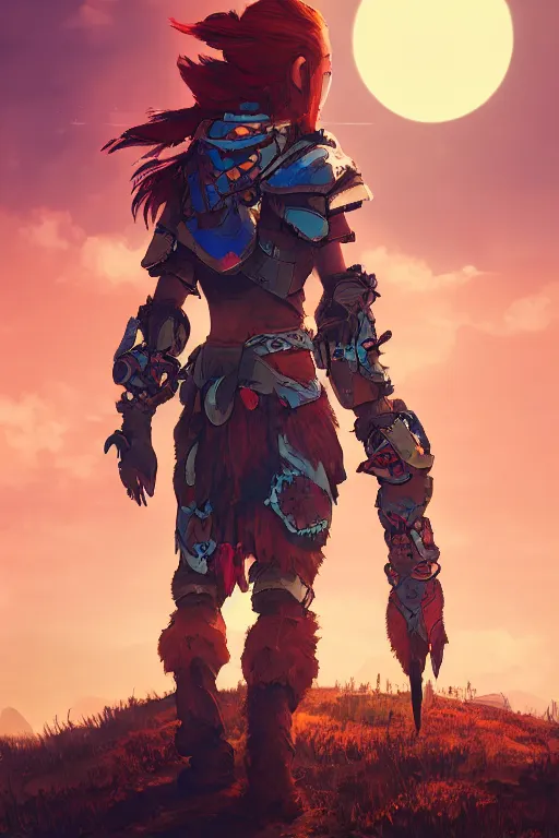 Image similar to combination suit armor aloy horizon forbidden west horizon zero dawn radiating a glowing aura global illumination ray tracing hdr fanart arstation by ian pesty and alena aenami artworks in 4 k tribal robot ninja mask helmet backpack