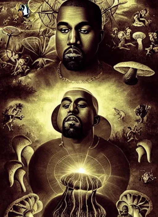 Image similar to portrait of kanye west stars in the sky fairies with detailed faces enchanted forest mushrooms on the ground psychedelic wide angle shot white background vector art illustration gears of war by hieronymus bosch and frank frazetta