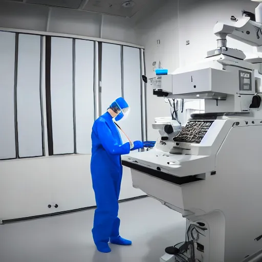 Image similar to scientist working with an electron microscope in a clean room, photography