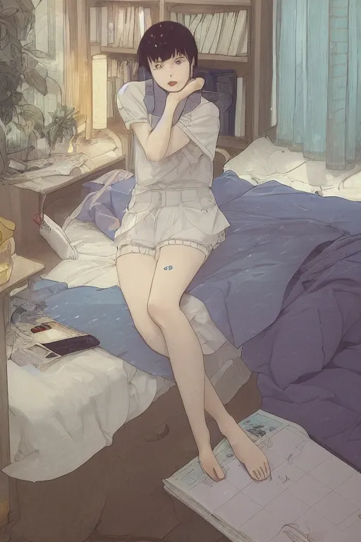 Image similar to a teenage girl with white short hair in a jk uniform outfit in the bedroom reading a book in a night, raining outside the window, grey and blue theme, by krenz cushart and mucha and akihito yoshida and greg rutkowski and makoto shinkai, detailed eyes, 4 k resolution