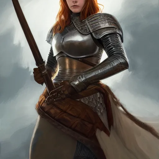 Image similar to Portrait of young girl knight shining armor longsword shieldmaiden, long auburn hair, brown eyes, intricate, elegant, highly detailed, digital painting, artstation, concept art, smooth, sharp focus, illustration, art by artgerm and greg rutkowski and alphonse mucha and andrei riabovitchev