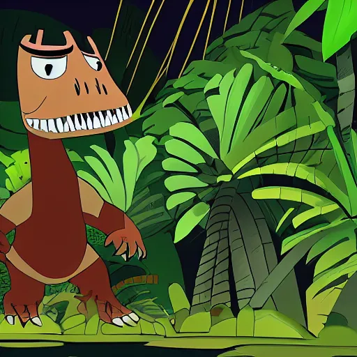 Prompt: tyrannosaurus in the jungle, genndy tartakovsky, samurai jack, studio la cachette, comic book, pulp