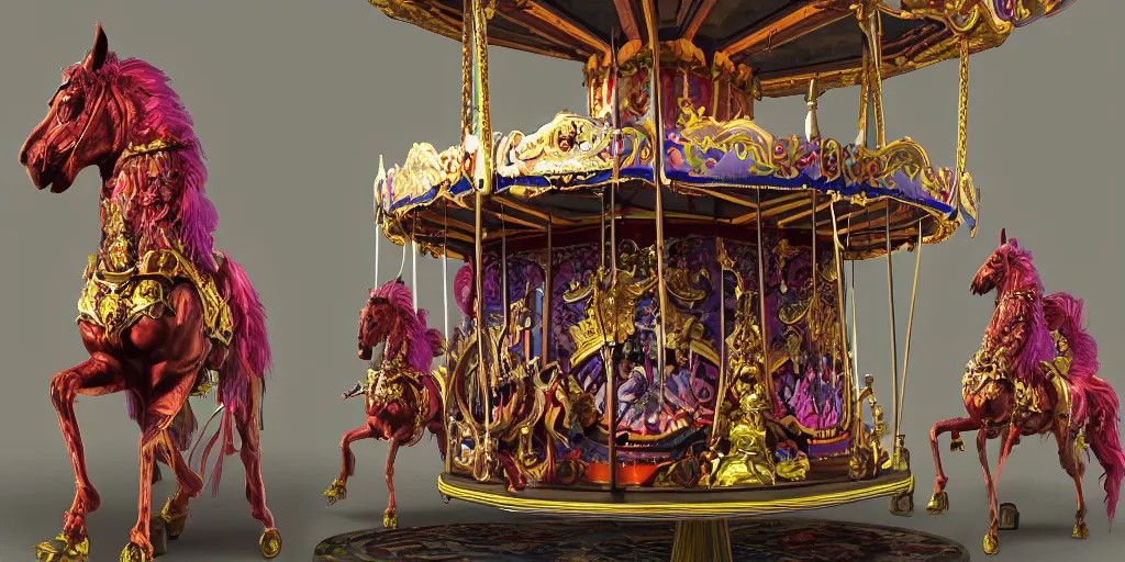 Prompt: a 3d sculpt of a colourful baroque evil circus carousel horse, dark souls