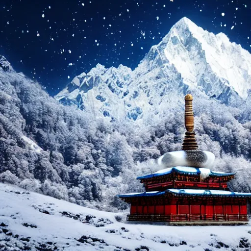 Prompt: snowy peaks, himalayas, buddhist temple, stunning, extraordinary, blizzard, mystical, made in abyss style