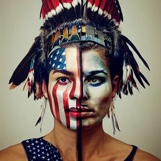 Image similar to a beautiful portrait sculpture designed by Sandra Chevrier, american indian headdress, American stars and stripes on face, by Annie Leibovitz