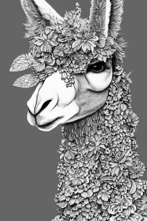 Prompt: Anthro Llama Portrait, magical, flowers, castleton yellow highlights, detailed intricate ink illustration, Llama, dark atmosphere, detailed illustration, hd, 4k, digital art, overdetailed art, concept art, art noveau, Llama, Trending on artstation, deviantart, watched, faved, read