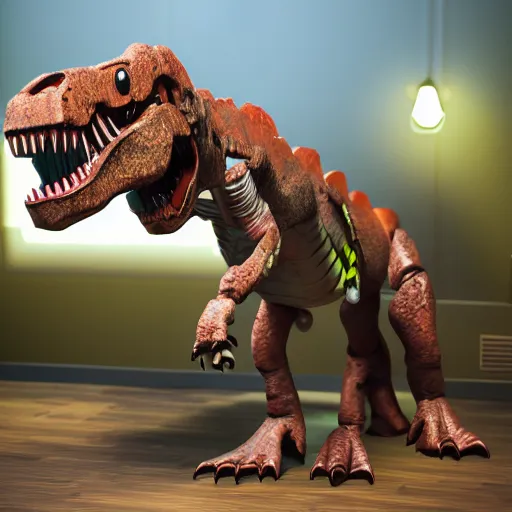 Image similar to an illustration of a t-rex as a fnaf animatronic, photorealistic, octane render