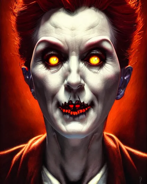 Image similar to moira from overwatch, mad scientist, evil scientist, character portrait, portrait, close up, concept art, intricate details, highly detailed, horror poster, horror, vintage horror art, realistic, terrifying, in the style of michael whelan, beksinski, and gustave dore