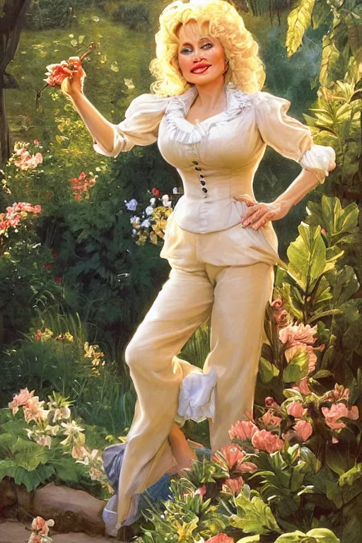 Prompt: Dolly Parton, golden hour, in a garden by a pool, artstation, by J. C. Leyendecker and Peter Paul Rubens,