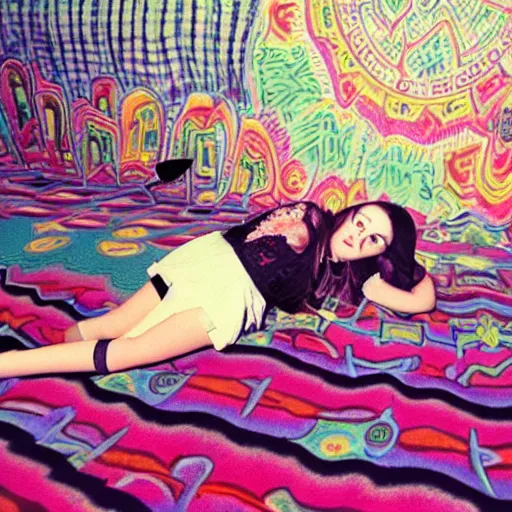 Image similar to rocker goth teen girl laying on the floor, writing on journal. 1970s colorful psychedelic bedroom. Trippy. Realistic. Photographic.