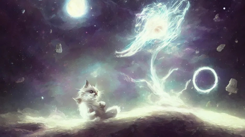 Prompt: one cartoonish kitten dressed as Gandalf floating in space, bright stars, anime, a fantasy digital painting by Greg Rutkowski and James Gurney, trending on Artstation, highly detailed