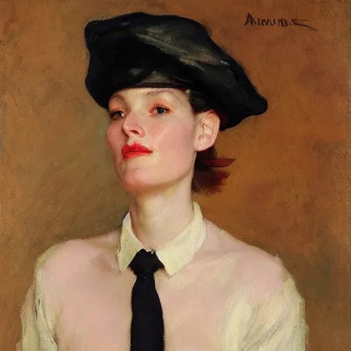 Image similar to A stunning masterful portrait of a striking French woman with short pink hair and wearing a black French beret high cheek bones by Andrew Wyeth, John Singer Sargent, and Norman Rockwell, natural light, oil painting, ethereal, earth tones, strong brushwork