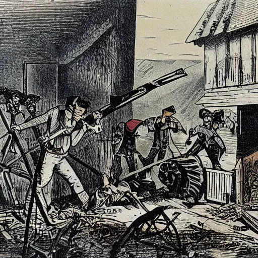 Prompt: luddites trying to destroy an image generator, 1 9 th century etching in color, sharp detail