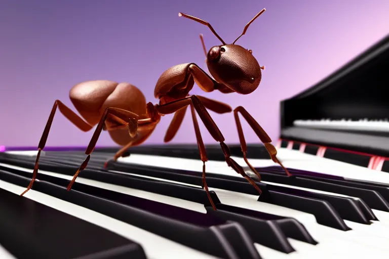 Image similar to a giant ant sitting on a piano bench wearing a bow tie and playing the piano, unreal engine, photorealistic digital art