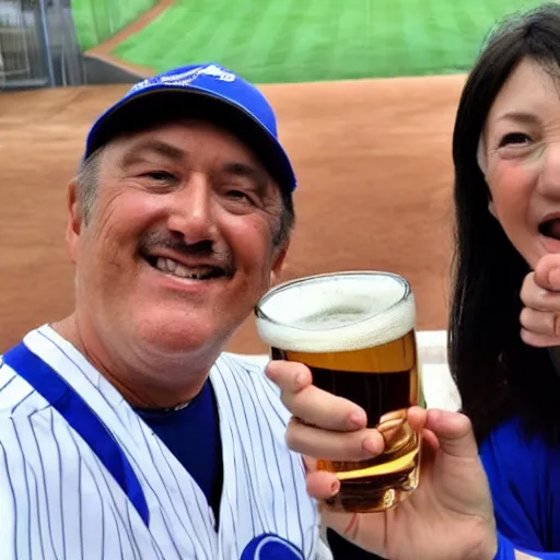 Prompt: a middle aged caucasian couple cheering on the Yokohama Baystars Japanese baseball team while drinking beer.