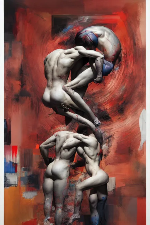 Prompt: two muscular men entwined, floating inside a brutalist space ship, gothic, rich deep colours, painted by francis bacon, adrian ghenie, james jean, petra cortright and jenny saville, part by gerhard richter, part by takato yamamoto. 8 k 3 d