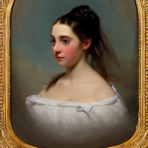 Image similar to portrait of a young woman sitting by Franz Xaver Winterhalter, high quality, highly detailed, single face, beautiful, symmetry, romanticism