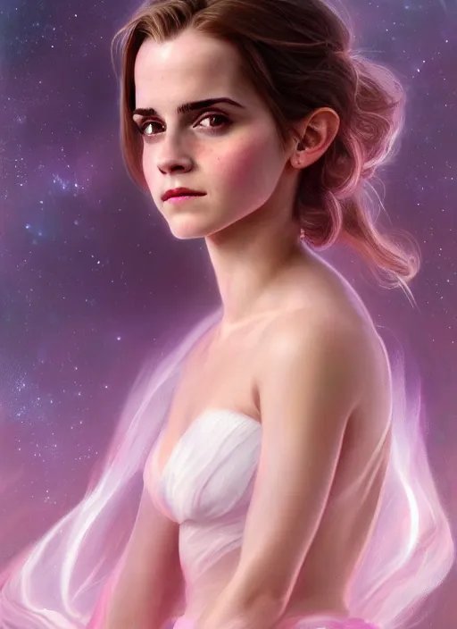 Prompt: emma watson as nature magic celestial, top down pose, long hair, soft pink and white transparent cloth, space, D&D, shiny background, intricate, elegant, highly detailed, digital painting, artstation, concept art, smooth, sharp focus, illustration, artgerm, bouguereau