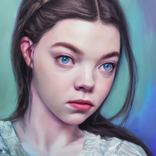 Prompt: ultra realistic painting of Anya Taylor-Joy, instagram by rxkun.jpeg, Organic Painting, Matte Painting, hard edges, textured photoshop brushes, soft focus, 8k, perfect lighting high contrast, trending on artstation