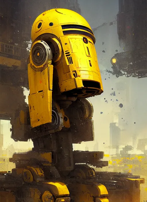 Image similar to tall strong intricate yellow pit droid, pancake head painterly mecha, by Greg Rutkowski