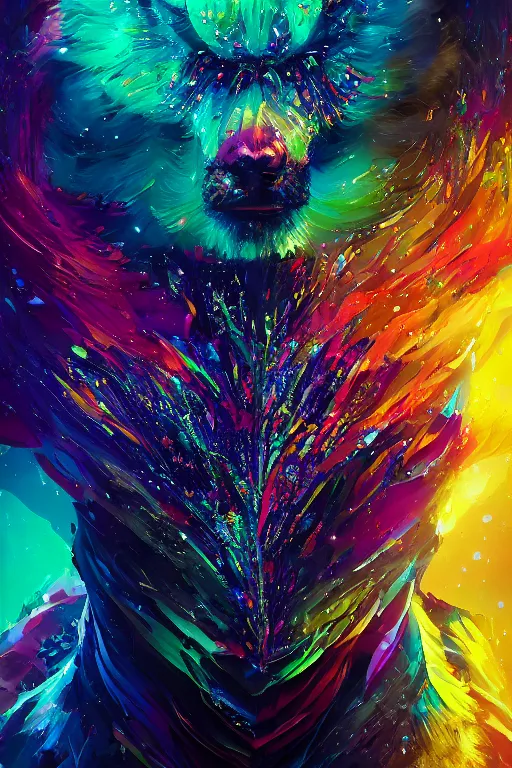 Image similar to A fancy portrait of a colourful crystalized beast by Greg Rutkowski, beeple, Sung Choi, Mitchell Mohrhauser, Maciej Kuciara, Johnson Ting, Maxim Verehin, Peter Konig, final fantasy, macro lens, 35mm, 8k photorealistic, cinematic lighting, HD, high details, dramatic, dark atmosphere, trending on artstation