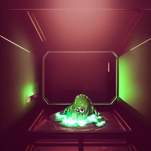 Prompt: slimy cthulhu pikachu trapped inside a large transparent science fiction mass effect glass containment chamber filled with liquid in a furnished science fiction spaceship laboratory, dramatic lighting, octane, trending on artstation, volumetric lighting