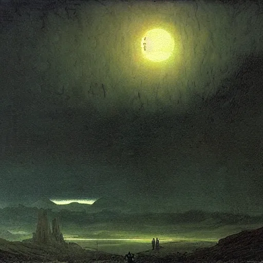 Image similar to scenary of sci - fi apocalyptic moon end of the world by caspar david friedrich