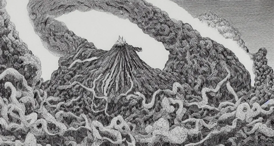 Image similar to a volcano made of ivory vines and crimson rocks enters in eruption, it spits a smoke in the shape of demonic eye, by Yoshihiro Togashi