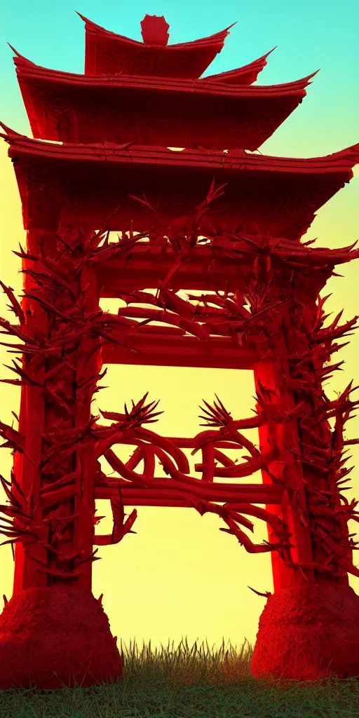 Prompt: 3 d render of a carved red torii gate infected by mushroom, sculpture, chrometype, neotribal with thorns and thunders, raytraced, volumetric lightning, 8 k, by zhelong xu, ouchh and and innate studio