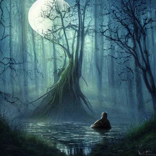 Image similar to highly realistic scenic painting of a towering misty dark fantasy forest surrounding a pond, a rusalka sits on the roots of an ancient tree looking up at the moon, spooky fog, looming trees, beautiful fantasy painting hd