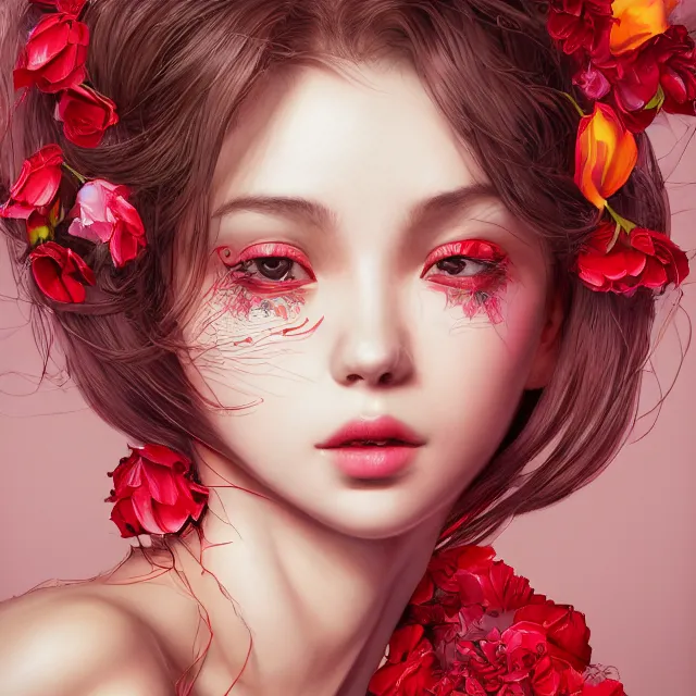 Image similar to studio portrait of an absurdly beautiful, elegant, young hypercolorful sensual gravure idol rubies and red petals, ultrafine hyperrealistic detailed face illustration by kim jung gi, irakli nadar, intricate linework, sharp focus, bright colors, matte, octopath traveler, final fantasy, unreal engine highly rendered, global illumination, radiant light, intricate environment