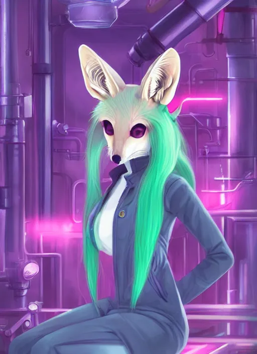 Image similar to beautiful portrait commission of a cute female pink furry anthro fennec fox fursona casual clothes in a futuristic mechanical laboratory. green hair. character design by charlie bowater, ross tran, artgerm, and makoto shinkai, detailed, inked, western comic book art